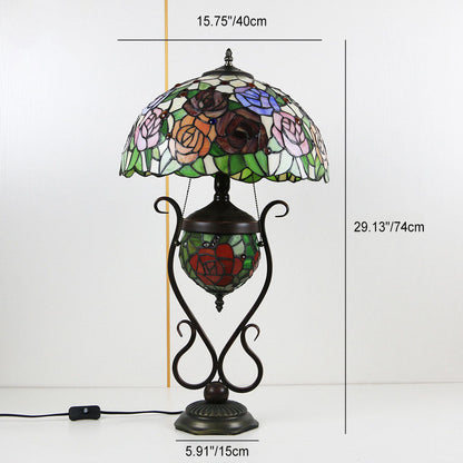Tiffany European Vintage Floral Stained Glass Round Pot 3-Light Table Lamp