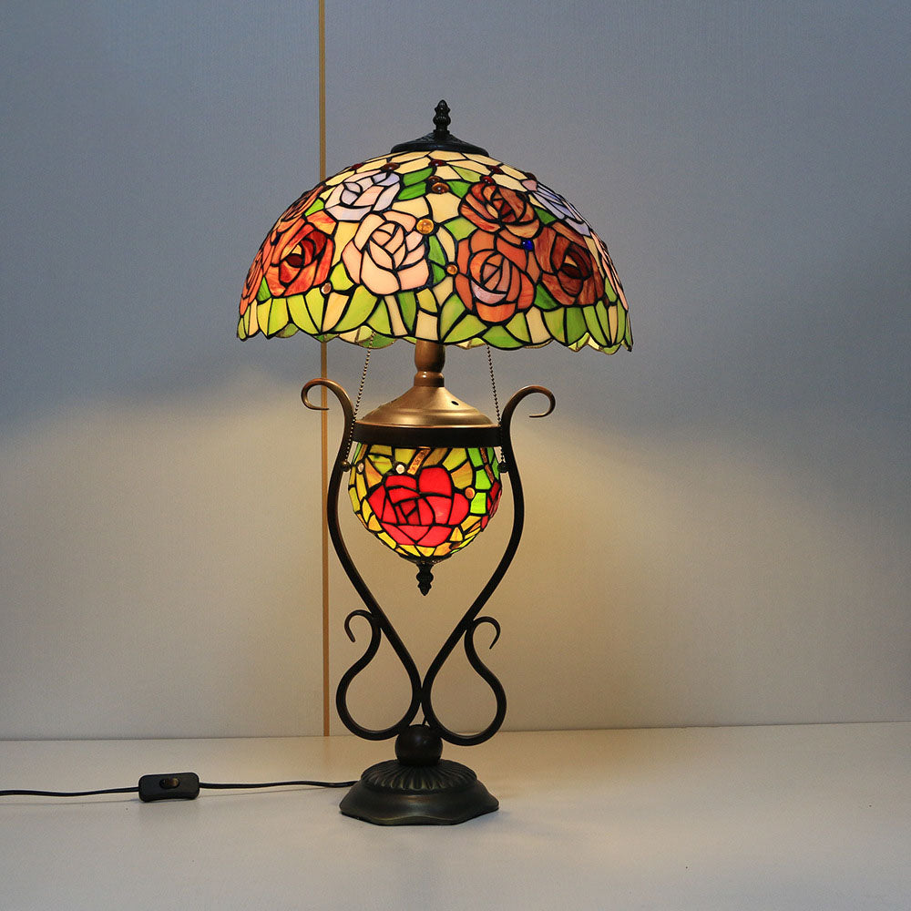 Tiffany European Vintage Floral Stained Glass Round Pot 3-Light Table Lamp