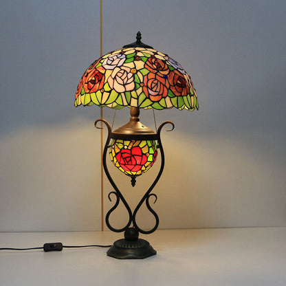 Tiffany European Vintage Floral Stained Glass Round Pot 3-Light Table Lamp