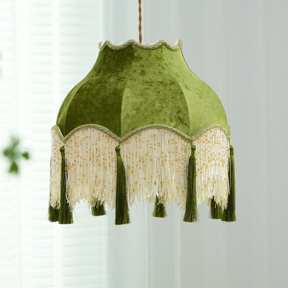 French Vintage Fabric Tassel Lampshade Brass 1-Light Pendant Light