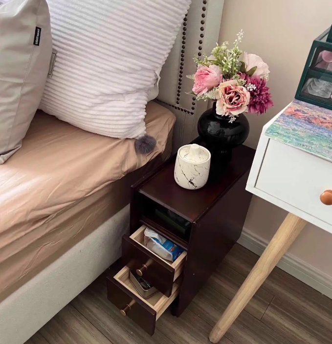 Contemporary Simplicity Rectangular Solid Wood Ultra-Narrow Nightstand Space-Saving Cabinet 2-Drawer For Bedroom