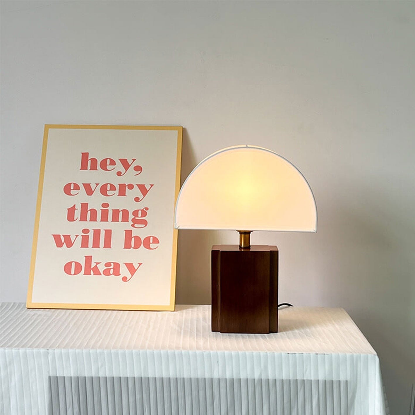 Vintage Semicircle Fabric Wooden Base 1-Light Table Lamp
