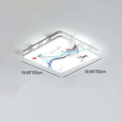 Traditional Chinese Iron Acrylic Round Square Rectangular Landscape Painting LED Flush Mount Ceiling Light For Living Room