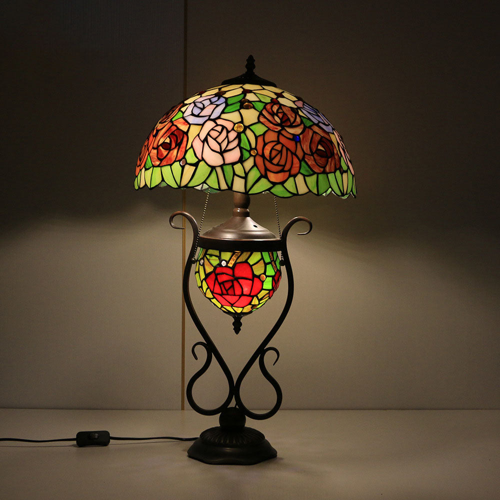 Tiffany European Vintage Floral Stained Glass Round Pot 3-Light Table Lamp