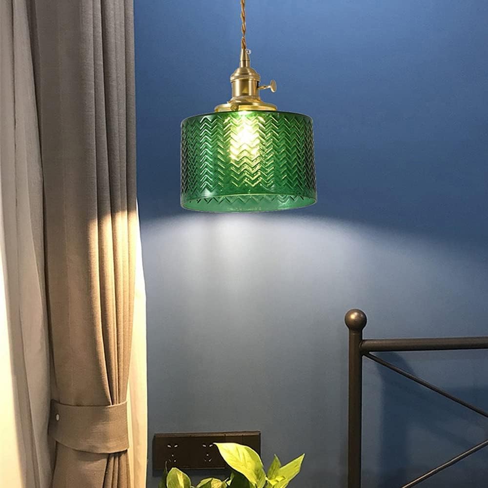 Traditional Vintage Antique Brass Ribbed Glass Cylinder Shade 1-Light Pendant Light For Living Room