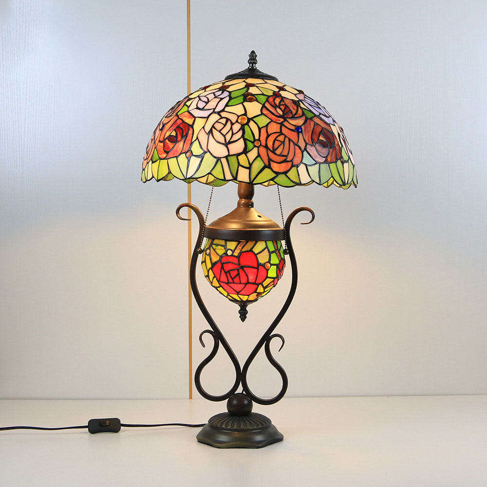 Tiffany European Vintage Floral Stained Glass Round Pot 3-Light Table Lamp