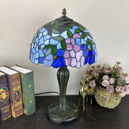 Traditional Tiffany Metal Glass Dome Grape Flower Dragonfly Butterfly 1-Light Table Lamp For Bedside