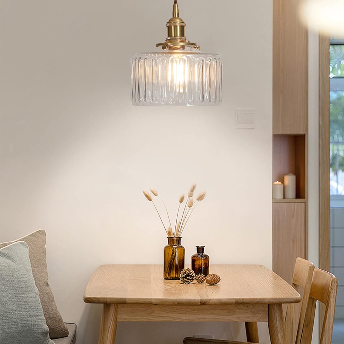 Traditional Vintage Antique Brass Ribbed Glass Cylinder Shade 1-Light Pendant Light For Living Room
