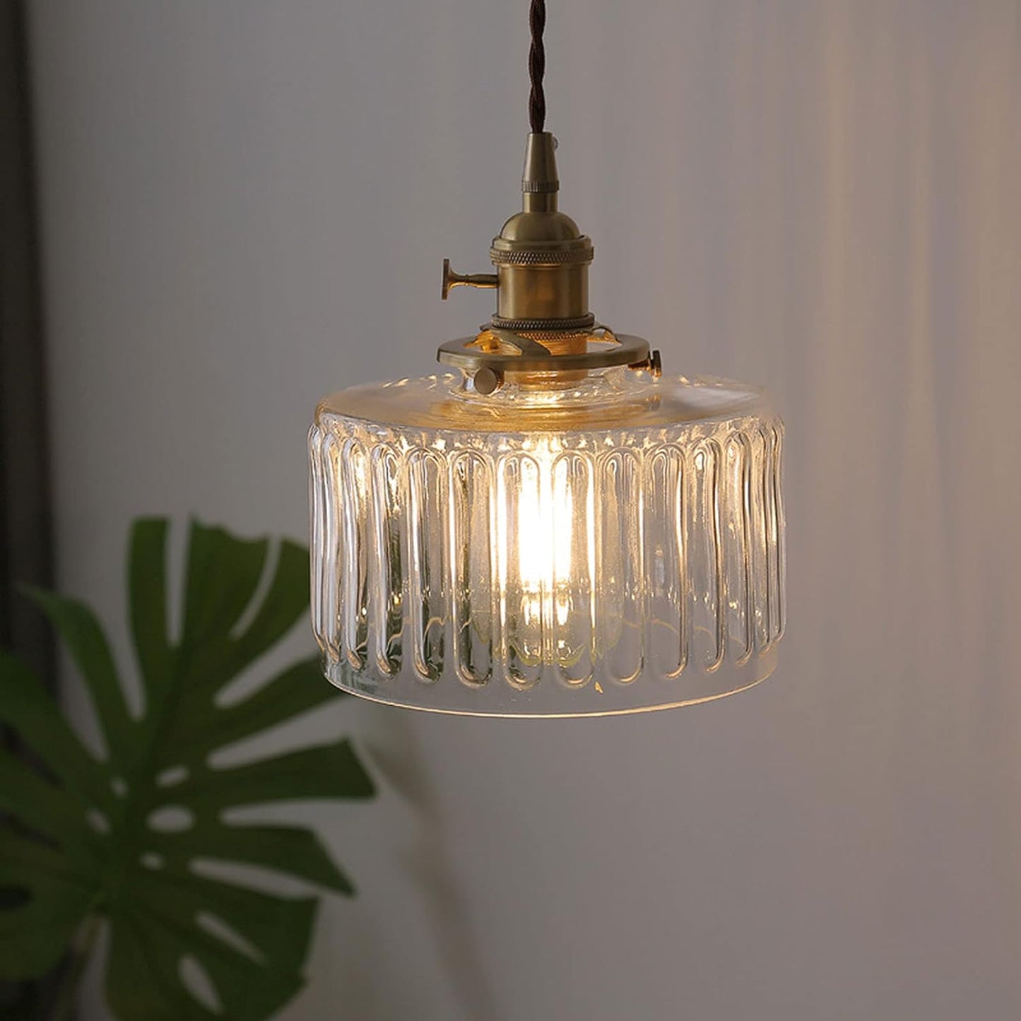 Traditional Vintage Antique Brass Ribbed Glass Cylinder Shade 1-Light Pendant Light For Living Room