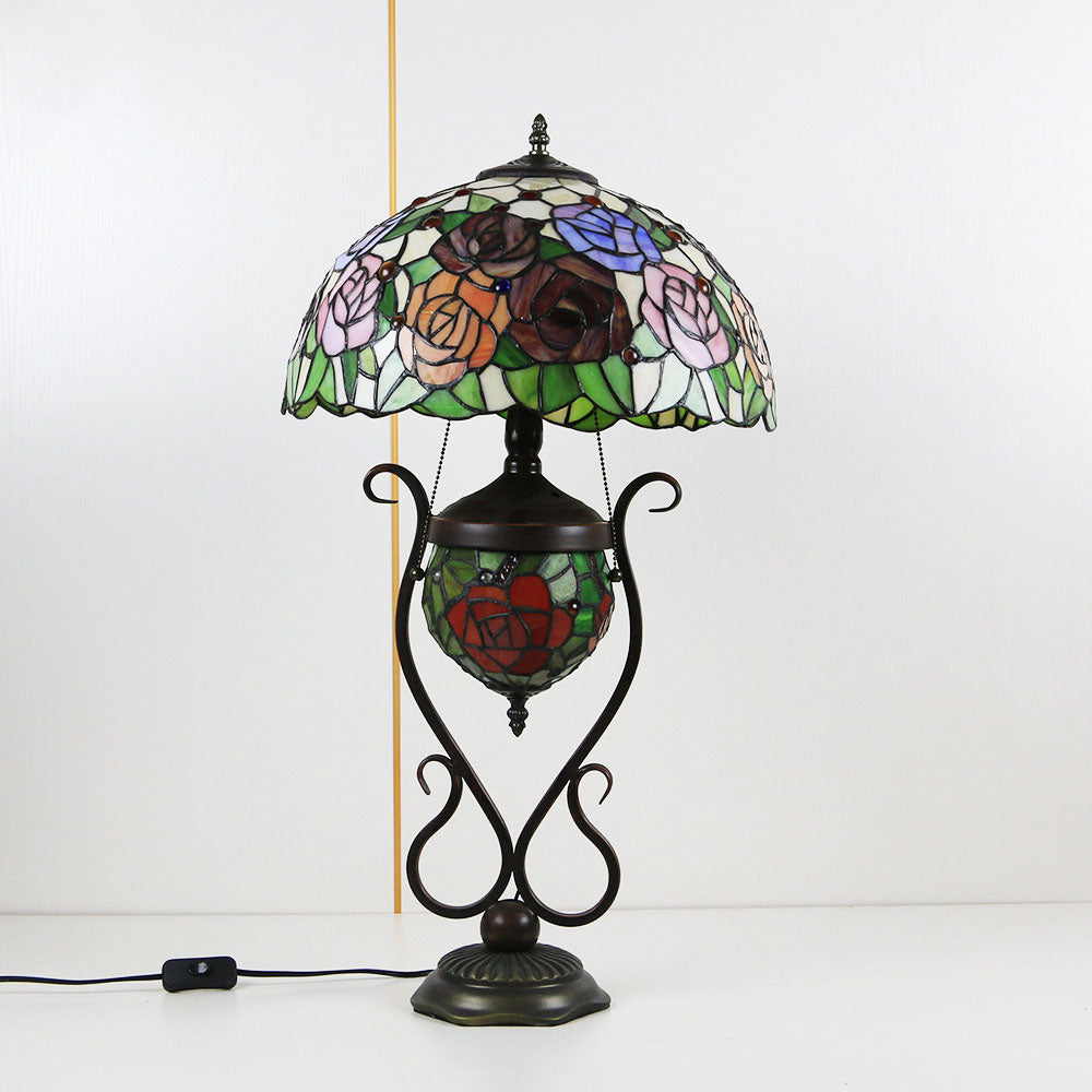 Tiffany European Vintage Floral Stained Glass Round Pot 3-Light Table Lamp