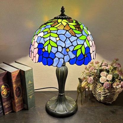 Traditional Tiffany Metal Glass Dome Grape Flower Dragonfly Butterfly 1-Light Table Lamp For Bedside