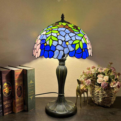 Traditional Tiffany Metal Glass Dome Grape Flower Dragonfly Butterfly 1-Light Table Lamp For Bedside