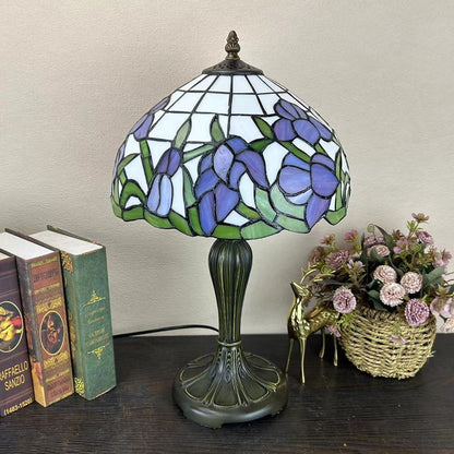Traditional Tiffany Metal Glass Dome Grape Flower Dragonfly Butterfly 1-Light Table Lamp For Bedside