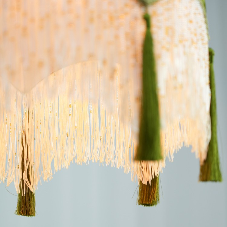 French Vintage Fabric Tassel Lampshade Brass 1-Light Pendant Light