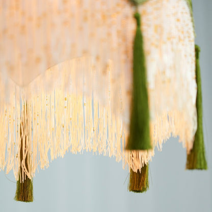 French Vintage Fabric Tassel Lampshade Brass 1-Light Pendant Light