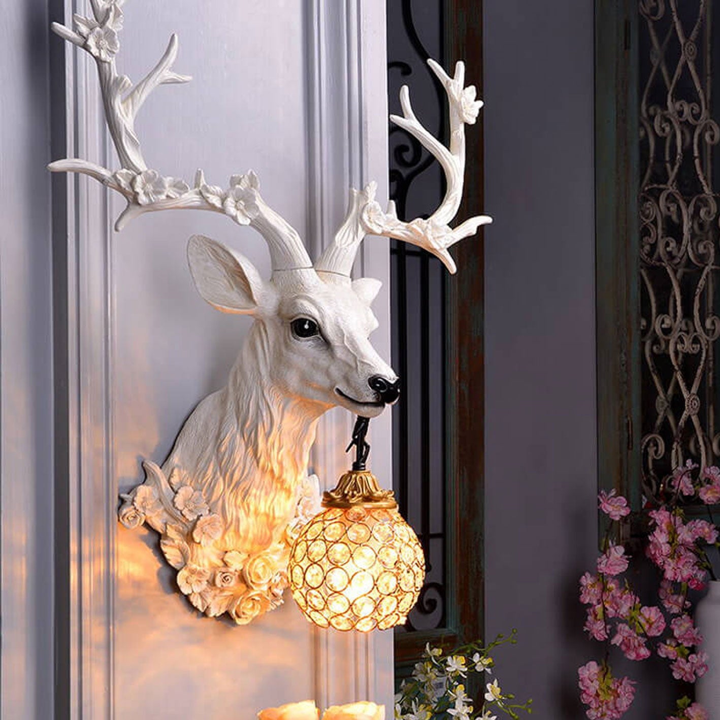 Retro Creative Fortune Deer Head Resin 1-Light Wall Sconce Lamp