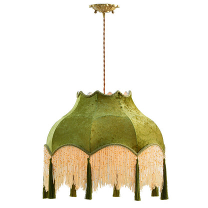 French Vintage Fabric Tassel Lampshade Brass 1-Light Pendant Light