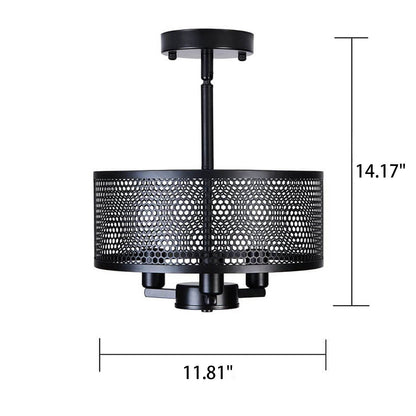 Industrial Black Round Wrought Iron 3-Light Chandelier