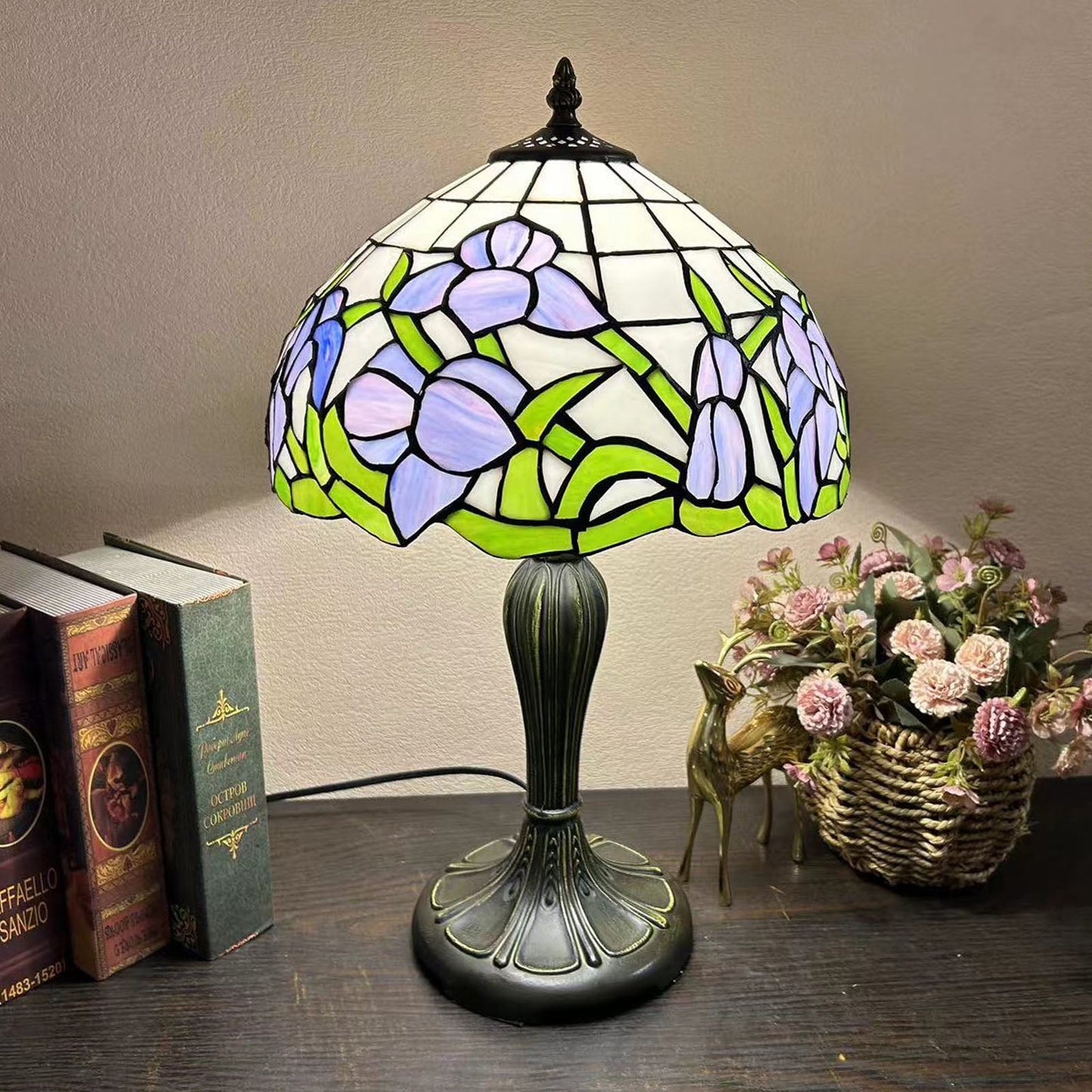 Traditional Tiffany Metal Glass Dome Grape Flower Dragonfly Butterfly 1-Light Table Lamp For Bedside