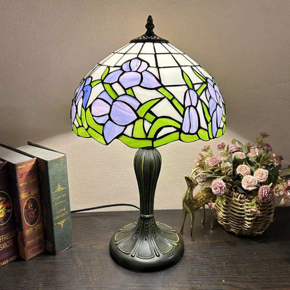 Traditional Tiffany Metal Glass Dome Grape Flower Dragonfly Butterfly 1-Light Table Lamp For Bedside
