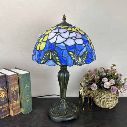 Traditional Tiffany Metal Glass Dome Grape Flower Dragonfly Butterfly 1-Light Table Lamp For Bedside