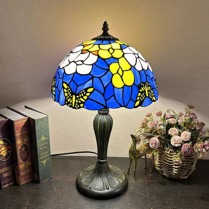 Traditional Tiffany Metal Glass Dome Grape Flower Dragonfly Butterfly 1-Light Table Lamp For Bedside