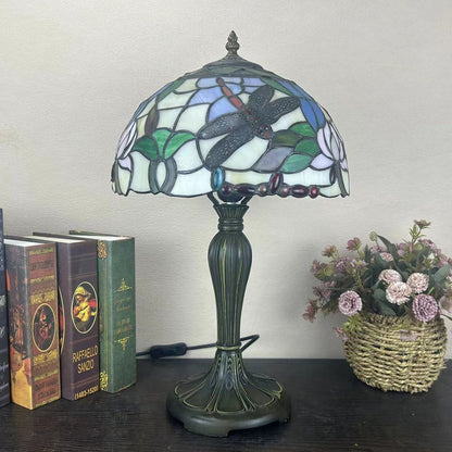 Traditional Tiffany Metal Glass Dome Grape Flower Dragonfly Butterfly 1-Light Table Lamp For Bedside