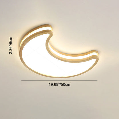 Contemporary Nordic Kids Rubber Wood Glass Star Cloud Moon LED Flush Mount Ceiling Light For Bedroom