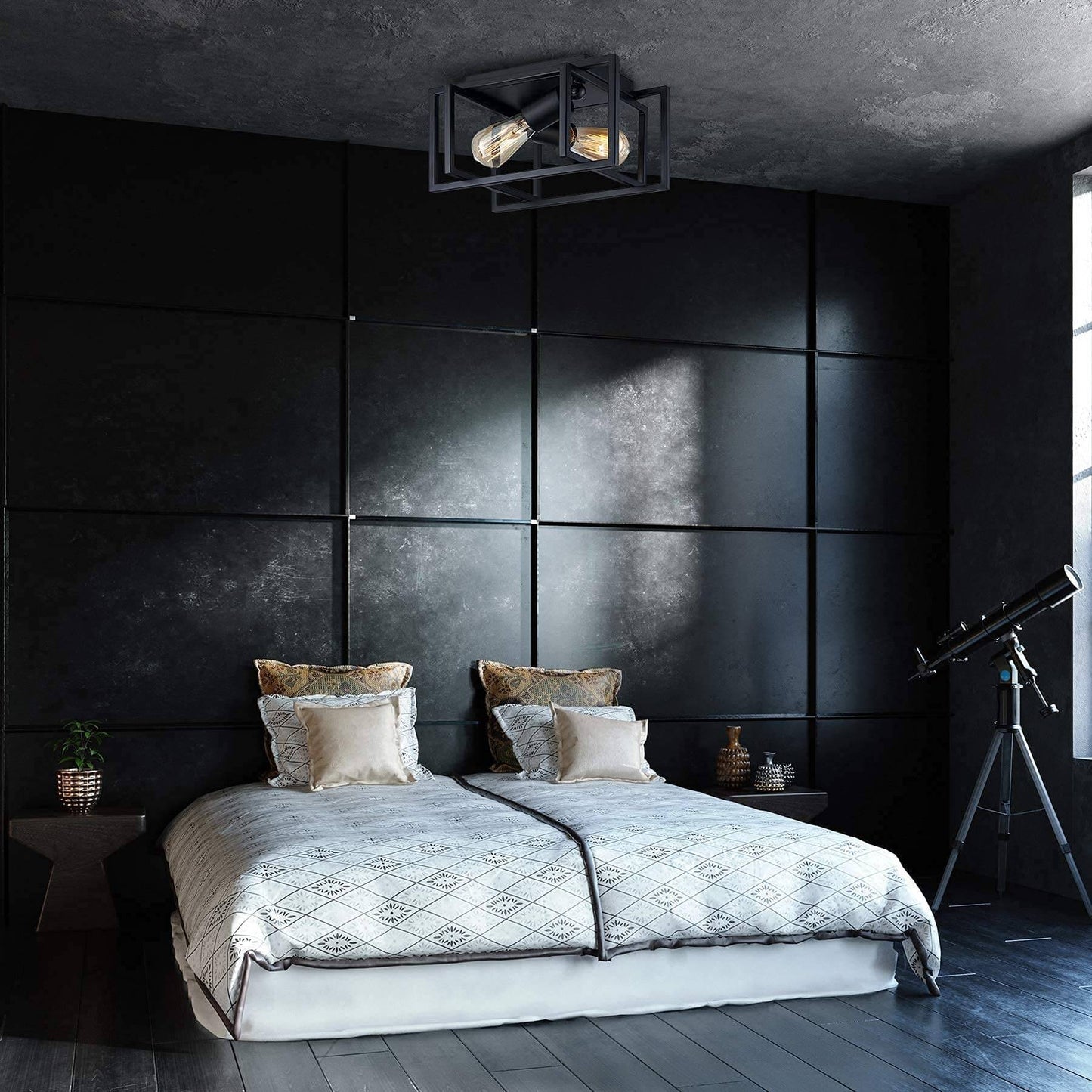 Industrial 2-Light Open Geometric Frame Flush Mount Lighting