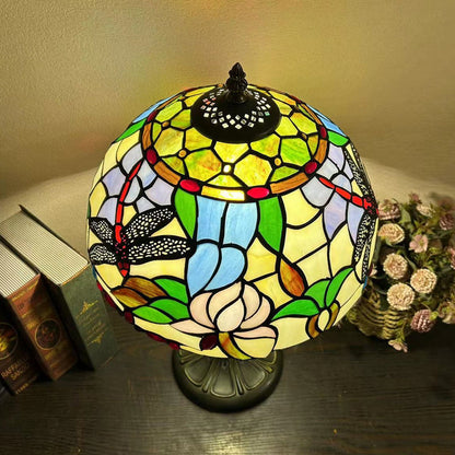 Traditional Tiffany Metal Glass Dome Grape Flower Dragonfly Butterfly 1-Light Table Lamp For Bedside