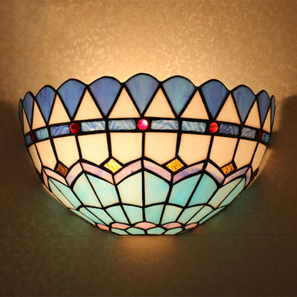European Tiffany Stained Glass Bowl Shape 1-Light Wall Sconce Lamp
