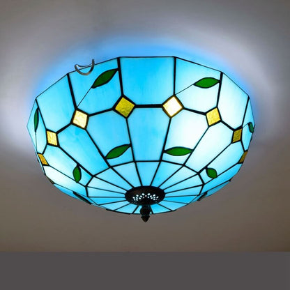 Tiffany Blue Mediterranean Stained Glass 3-Light Flush Mount Ceiling Light