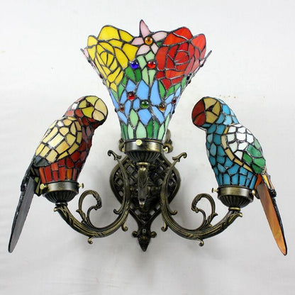 Tiffany Parrot Stained Glass 3-Light Wall Sconce Lamp