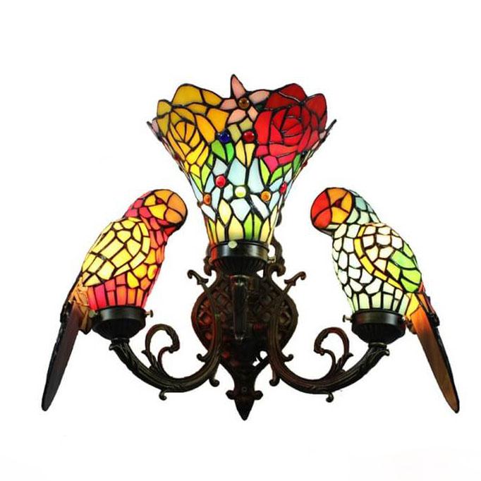 Tiffany Parrot Stained Glass 3-Light Wall Sconce Lamp