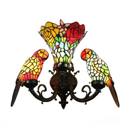 Tiffany Parrot Stained Glass 3-Light Wall Sconce Lamp