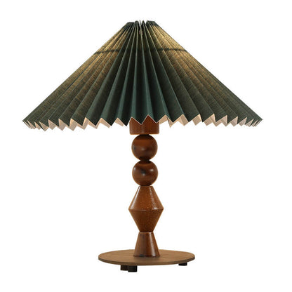 Vintage Dark Green Pleated Solid Wood Base 1-Light Table Lamp