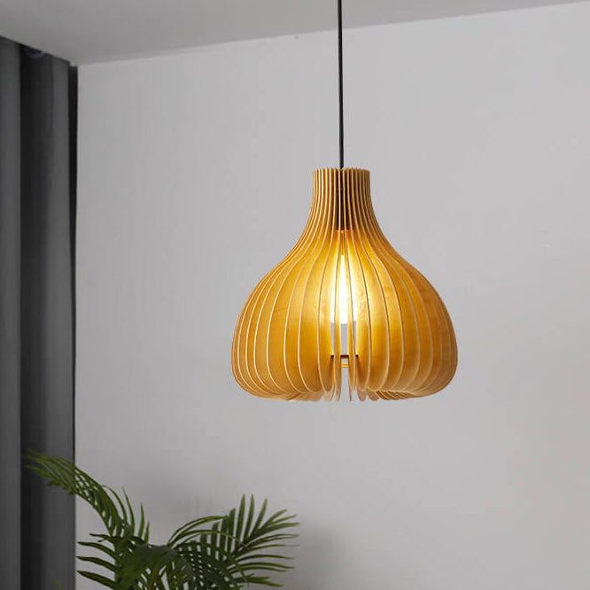 Traditional Solid Wood Sydney Shaped Hollow Japanese 1-Light Pendant Light