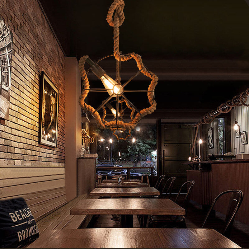 Hemp Rope 1-Light Wrought Iron Globe Ball Pendant Light