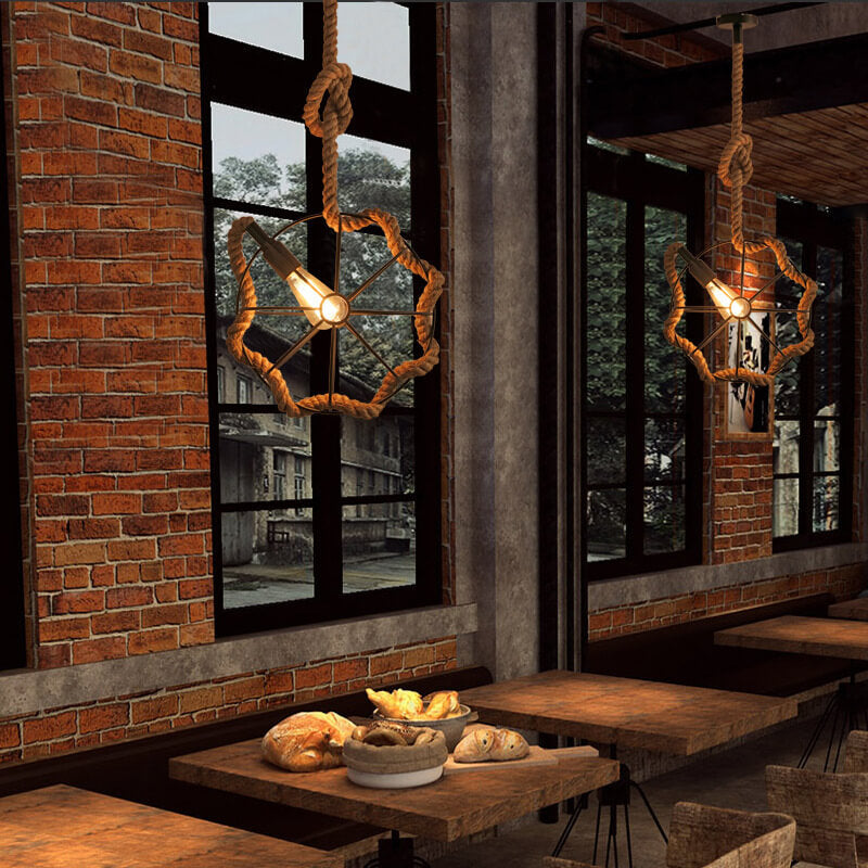 Hemp Rope 1-Light Wrought Iron Globe Ball Pendant Light