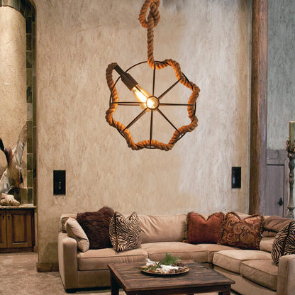 Hemp Rope 1-Light Wrought Iron Globe Ball Pendant Light