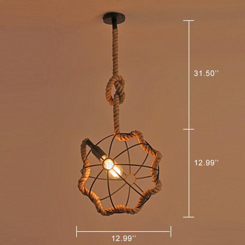 Hemp Rope 1-Light Wrought Iron Globe Ball Pendant Light