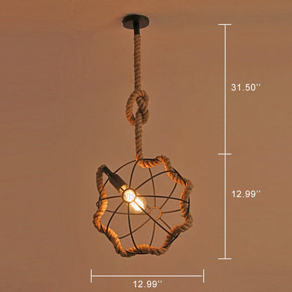 Hemp Rope 1-Light Wrought Iron Globe Ball Pendant Light