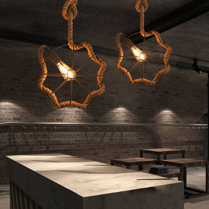 Hemp Rope 1-Light Wrought Iron Globe Ball Pendant Light