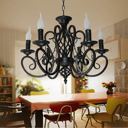 European Wrought Iron 6/8-Light Candle Chain Hanging Chandeliers