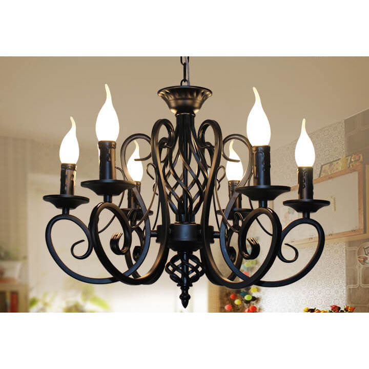 European Wrought Iron 6/8-Light Candle Chain Hanging Chandeliers