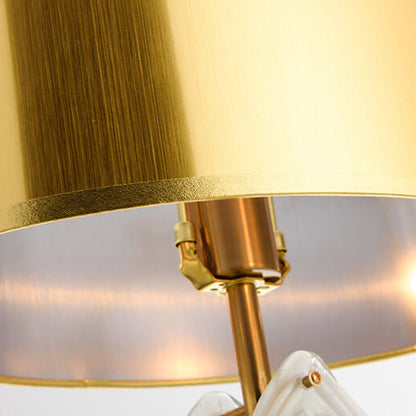 Minimalist Golden Fabric Shade Glass Leaf Base 1-Light Table Lamp