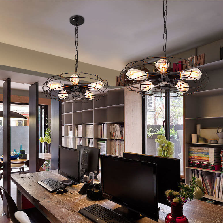 Industrial Wrought Iron Fan 5-Light Chandeliers