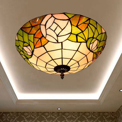 Tiffany European Retro Creative Stained Glass Rose Pattern Design 3-Light Flush Mount Light