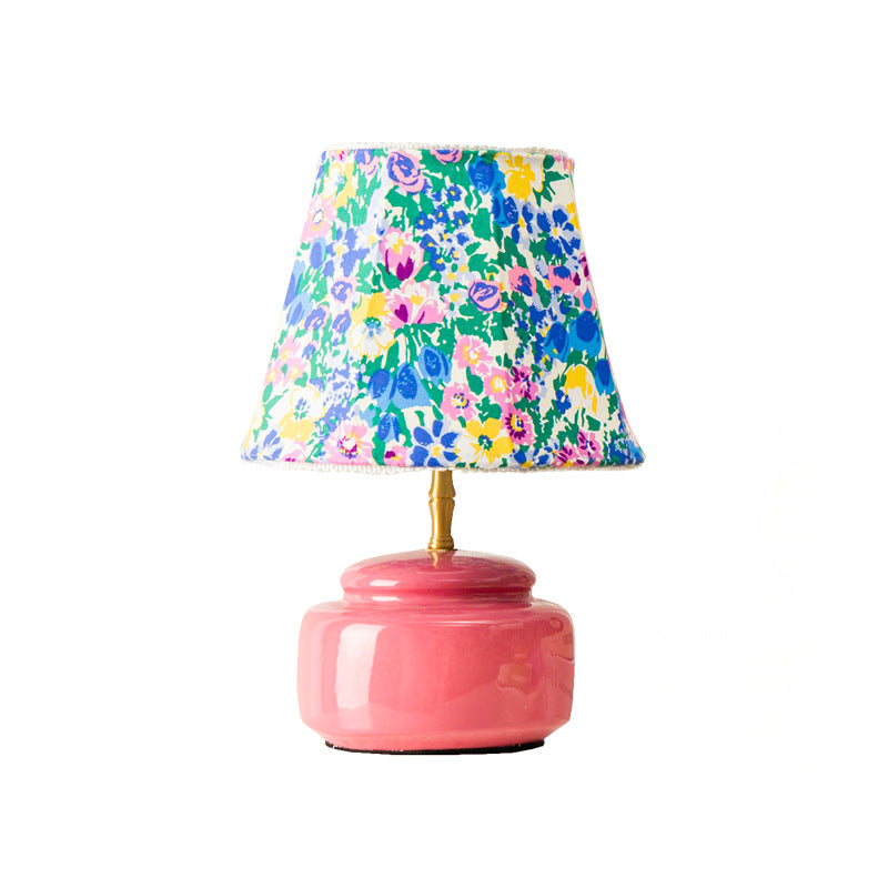 Contemporary Nordic Ceramic Fabric Colorful Plaid Pattern Drum Shape 1-Light Table Lamp For Bedroom