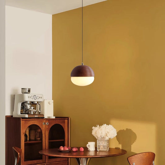 Modern Minimalist Liftable Nut-Shaped Iron Ash Wood Glass 1-Light Pendant Light For Bedroom